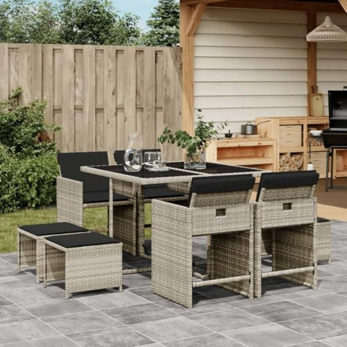 Keyroto Rattan Sitzgruppe für 8 Personen, Gartenmöbel Polyrattan, Gartentisch mit 8 Stühlen & Kissen, Gartengarnitur Sitzgarnitur, Essgruppe Outdoor Terrasse Hellgrau Type-33
