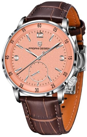 Pagani Design Herren Automatikuhr 42MM Großes Zifferblatt Design Edelstahl Lünette Saphirglas Linse Mechanisches Uhrwerk 100M Wasserdicht Einfach zu lesen Business Lederuhr(Silberfarbener Kaffee)