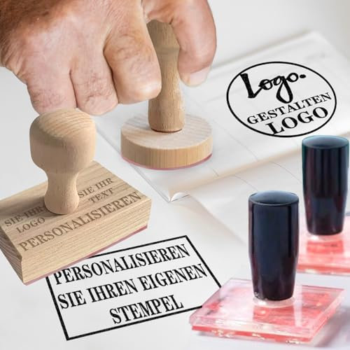 Personalisierter Stempel mit Logo und Namen - Maßgefertigter Gummistempel mit Holzgriff, individuell anpassbare Seifenstempel in verschiedenen Größen für Unternehmen