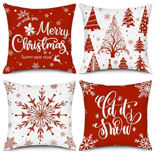 Set of 4 Christmas Cushion Covers, 45x45cm/18x18inch Xmas Throw Pillow Covers, Merry Christmas Snowflake Tree Decorative Winter Holiday Throw Pillow Cases, Linen Square Pillowcase for Xmas Decor