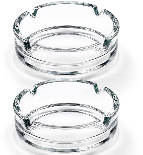 (2 Pack) Glass Ashtrays for Cigarettes, Heavy Glass Ash Tray, Decorative Modern Ashtray for Home Office, Indoor Outdoor Patio Balcony Tabletop, Clear Round Cigarette Ashtrays