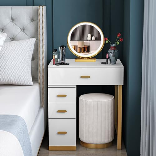 Toeletta da Trucco con Luci LED Specchio, 3 Modalità di Illuminazione, Postazione da Trucco con Specchio e 4 Cassetti, Camera da Letto Tavolo da Toeletta Moderno con Sgabello per Figlia, Moglie