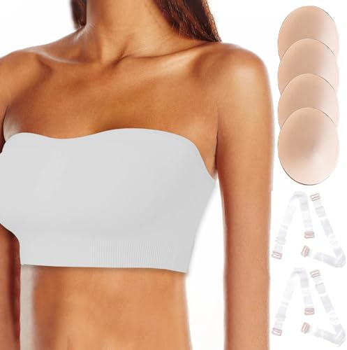 BIOECEUA Women's Strapless Bra 2 Pair Pads, Wireless Non-Slip Padded Invisible Bandeau, Convertible Tube Tops Including Clear Straps