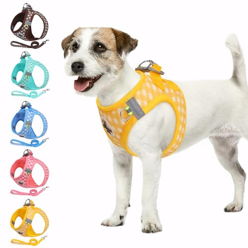 Savlot Hundegeschirr für Chihuahua Mops Dackel, Step-in Welpengeschirr aus Soft-Mesh, Reflektierend & Atmungsaktiv für Kleine Hunde (XS-L, Gelb)