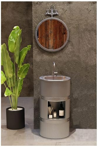 JKJZSALJ Mobile Bagno Cilindrico con Specchio, Set Lavabo da 33 Pollici Indipendente, in Ferro Battuto con Lavello/Rubinetto in Acciaio Inossidabile, per Interni Ed Esterni, A, Taglia Unica
