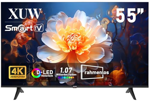 XUW 55 Zoll UHD 4K Smart TV, D-LED-Hintergrundbeleuchtung Fernseher, randloses Design, HDMI-USB-DVB-T2/S2-RJ45-Schnittstelle, großer Bildschirm für Wohnzimmer, Schlafzimmer, Heimunterhaltung - schwarz