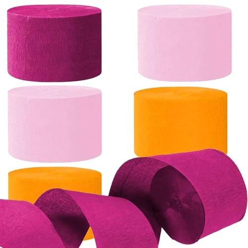 Lot de 6 Rouleaux Serpentin en Papier Crépon 3 Couleurs(Rose rouge, rose, orange) pour Orange Rose Thèmes Décoration de Fête(25M x 4.5cm)