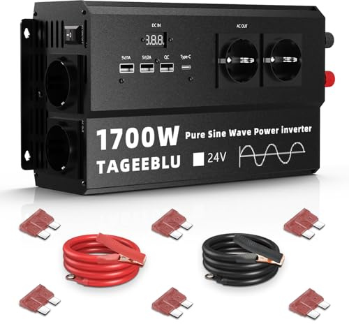 TAGEEBLU 1700W Inversor 24v 220v Onda Pura, Transformador 24v a 220v camion con Clip de cocodrilo, 4 Toma de Corriente UE, 3 interfaces USB-A, TypeC 30W y Pantalla LCD