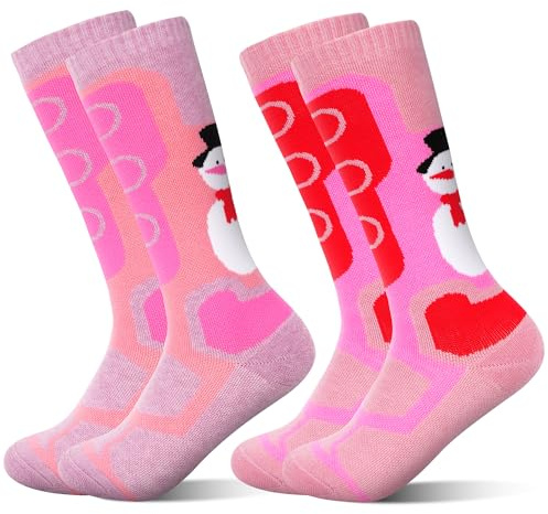 ELUTONG Kinder Skisocken, 2 Paare Jungen und Mädchen Warme Skisocken mit Sonnenaufgangs und Schneemannmotiven für Kinder 6-10 Jahre (Schneemann – Rosarot + Hellviolett)