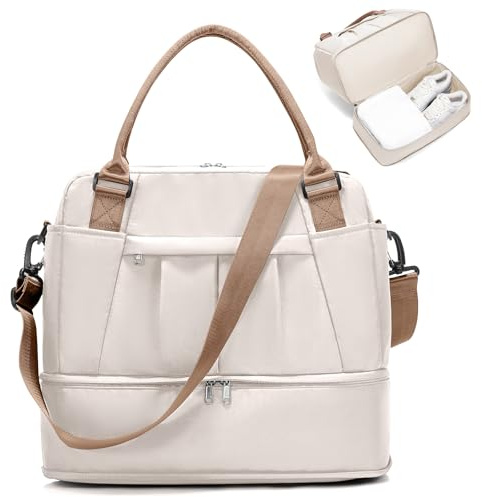 HPLQQ Weekender Resväska Dam Sportväska 40x30x20 Ryanair Handbagageväska Sjukhusväska Reseväska Badväska Träningsväska med Skofack för Flygresor, E02-Beige Brun