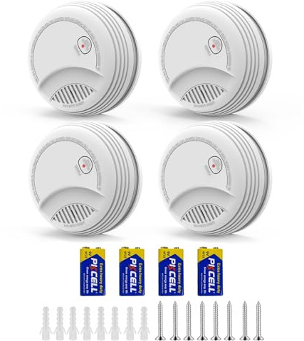 XUK 4er Set Rauchmelder 10 Jahre Lebensdauer– Rauchwarnmelder/Brandmelder mit Austauschbarer 9V Batterie, 85 dB Alarm, Test- & Stummschalttaste, EN 14604 (4er-Pack)