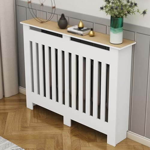 Stylish White Radiator Cover Cabinet with ShelfMDF Decorative Furniture for Small Spaces Vertical Slatted Design (47x32x8in) Perfect Living Room Accessory