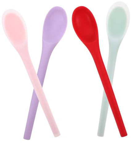 Angoily 4 pièces Lot de Cuillères Silicone Colorées Antidérapantes pour Mélanger Dessert et Cuisine Quotidienne Petites Cuillères Portables et Sécurisées Vaisselle Facile à Réutilisable