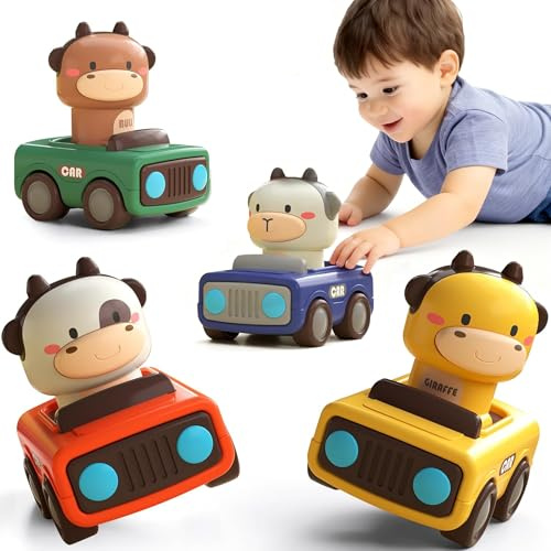 Neuytiky Petite Voiture Enfant 1 2 3 Ans, Lot de 4 Voiture Jouet Bebe 1 an,Jouets Friction Véhicules,Animaux Mignons Camion Jouet, Excellent Cadeau pour Noël, Les Anniversaires et Autres Occasions