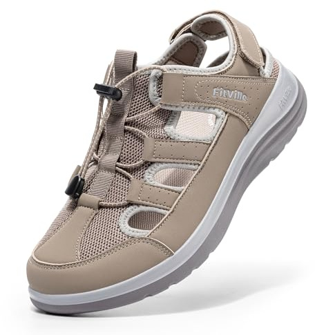 FitVille Sandales Larges Femme Été - Respirantes et Confortables avec Lacets Élastiques et Scratch pour l'Extérieur Beige 41 EU Large