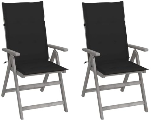 Owoxanthellate 2er Set verstellbare Gartenstühle Akazie Holz grau 57x69x110 cm mit schwarzen Auflagen klappbarer Terrassenstuhl wetterfest für Balkon Terrasse Garten