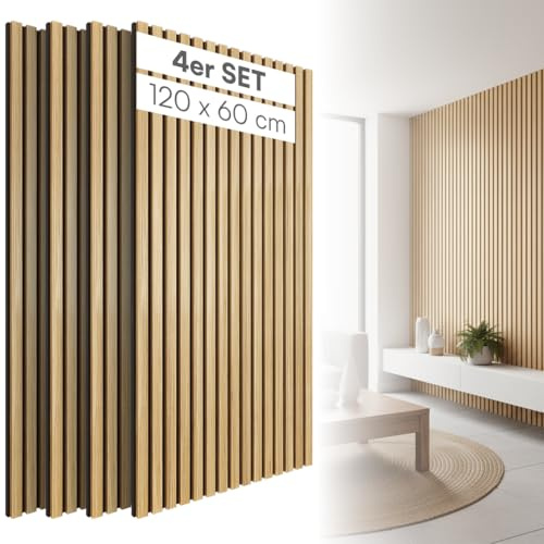 skølm Rune Akustikpaneele 120x60 cm, 4er Set, Holzoptik Eiche, Schallschutz | Wandpaneele, Wandverkleidung, Akustik Holzpaneele Wand als Schallabsorber, 3D Lamellenwand Innen, Wall Panel für Innenräume