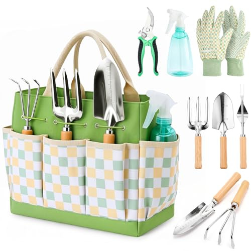 Ensemble d'outils de jardinage, 9 pièces robustes avec sac fourre-tout durable, outils de jardin ergonomiques résistants à la rouille, kit de jardinage idéal cadeau pour femme, jardinier, jardinier