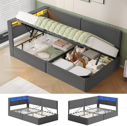 AOGLLATI Polsterbett Schlafsofa 90x200 mit USB-Steckdosen und hydraulischem Stauraum, Bett 90x200 mit LED-Kopfteil & Lattenrost, Kinderbett Tagesbett, Jugendbett, Leinen, Dunkelgrau (ohne Matratze)