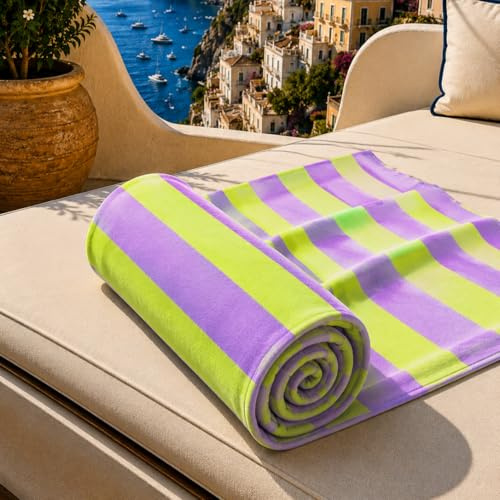 PETTI Artigiani Italiani - Telo Mare Microfibra, Asciugamano Mare o Piscina, Telo per Lettino Spiaggia, Grande 90x180 cm, Righe Verde Chiaro Lilla