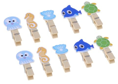 HAPINARY 10 Pezzi Mollette Portafoto in Legno con Corda, Clip Creative a Forma di Animali Marini Cartoon, per Decorare e Tenere Foto in Cafe e Shop