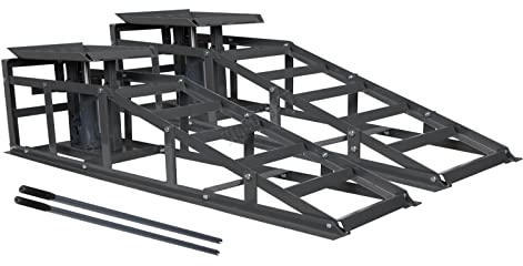 SwitZer Metal Vehicle Car Ramp Lift With 2 Ton Hydraulic Jack 1 Pair Height Adjustable Garage Heavy Duty Grey New