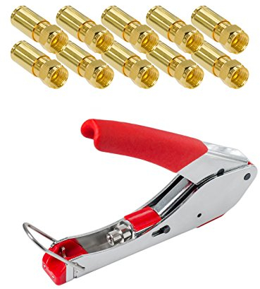 HB Digital 10 Stück Profi Kompressionsstecker vergoldet + Kompressionszange für SAT Kabel, Koaxialkabel mit Durchmesser Ø 6.8 – 7.2 mm