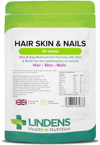 Lindens - Hair Skin & Nails, 60 Tablets - 1 a Day, UK Made - Healthy Hair, Skin & Nails - Multinutrient Formula with Zinc, Biotin, Vitamin C, Vitamin E - Letterbox Friendly