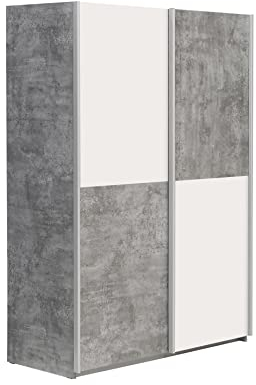FORTE LUPO Schrank 120, Kleiderschrank, Schwebetürenschrank Industrial Schlafzimmerschrank 2-türig Einlegeböden Kleiderstange, Weiß / Betonoptik LichtGrau, 120 cm breit x 190.5 cm hoch x 61 cm tief