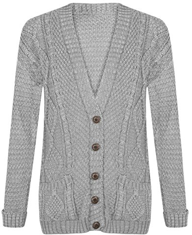 Purple Hanger New Womens Everyday Long Sleeve Button Top Ladies Chunky Aran Cable Knit Grandad Cardigan (16-18, Light Grey)