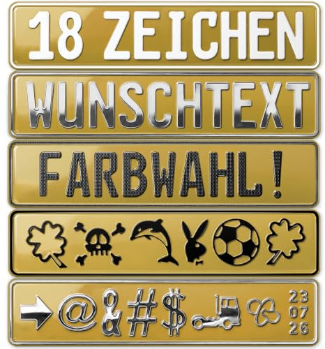 Fun-Kennzeichen bis zu 18 Zeichen – Wunschkennzeichen Schild personalisiert | Farben - Symbole - Bohrungen & Saugnäpfe optional wählbar | Individuelles Alu-Kennzeichen 52×11cm | Namensschild Autoschild