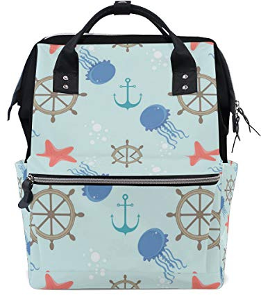 Big Joke Wickelrucksack Ocean Quallen Anker Muster Multifunktional Große Kapazität Baby Wickeltasche Reißverschluss Casual Stylische Reise Rucksäcke für Mama Papa Baby Pflege