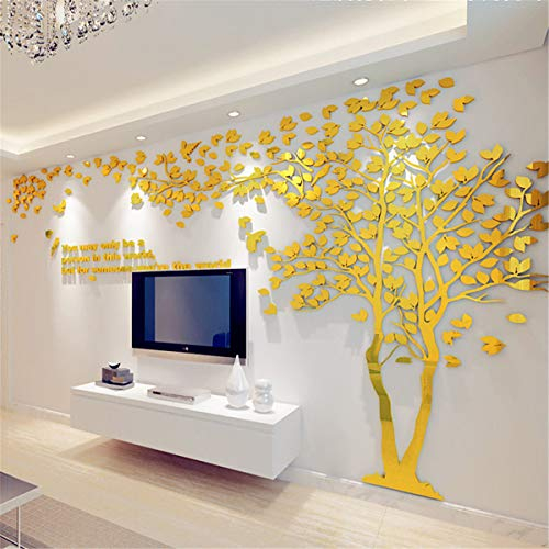 Wandtattoo Baum 3D DIY Wall Stickers Wandaufkleber Wandtattoo Wohnzimmer Schlafzimmer Family Wandsticker für Treppen Halle (Gold Rechts,XL-400 * 200cm)