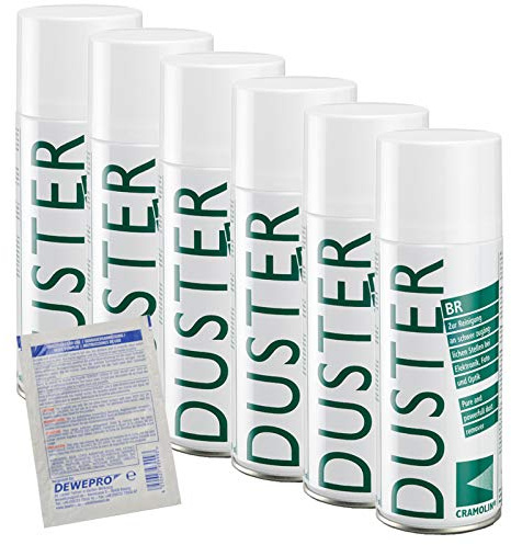 DUSTER BR – VPE: 6 x 400 ml – Spray ad aria compressa – per la rimozione della polvere in punti difficili da raggiungere – ITW Cramolin – 1471611 – incl. 1 pz. DEWEPRO® SingleScrubs