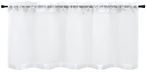 HeichkelL Scheibengardine, Kurzstores mit Satinband, Weiß BxH 140x60 cm | Voile Bistrogardine, Kurzstores Tunnelzug, Gardinen Küche, Vorhang aufgenähte Seidenband als Bordüre