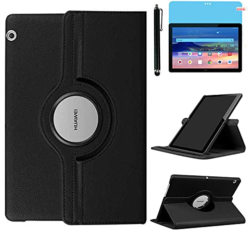 Hülle für Huawei MediaPad T5 10 Tablette 10.1 Zoll (AGS2-W09 AGS2-L09 AGS2-L03), 360 Grad drehbarer Ständer Schutzhülle,Mit Stylus Pen,Bildschirm Film (Black)