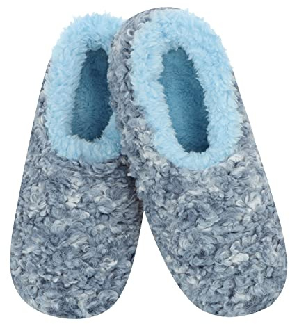 Snoozies Fuzzy Slippers for Women Indoor Non-Skid, Sherpa Fleece-Lined Womens Slipper Socks Size 7-8 (Blue, Medium)
