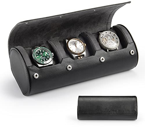 HELMDY Uhrenbox Organizer für Herren: 3 Fächer für Uhren und Reiseetui, tragbares Uhrenrollen-Vitrine – Uhrengehäuse passt auf alle Armbanduhren und Smartwatches bis zu 50 mm (Schwarz)