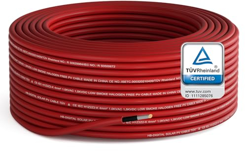 HB-DIGITAL 20m Solarkabel H1Z2Z2-K TÜV-zertifiziert 4mm2 UV-beständig flexibel PV Kabel Reines Kupfer 1500V Verlängerungskabel Photovoltaik für Solarpanel Solarmodule Wechselrichter Laderegler rot