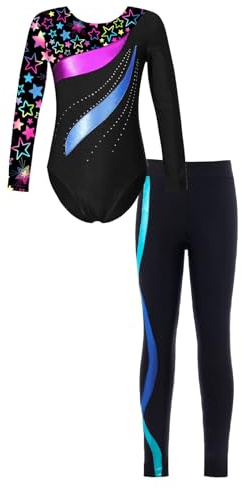 Freebily Body da Ginnastica Artistica Bambina con Leggings Sportivi Strass Leotard a Maniche Lunghe Abito da Danza Classica Moderna Jazz Tuta da Balletto Ballo Latino Nero&Blu 11-12 anni