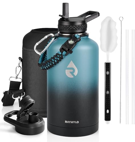 RAYMYLO Insulated Water Bottle 64 oz, Triple Wall Vacuum Stainless Steel (Cold for 48 Hrs), Leak Proof & Non-BPA, Half Gallon Water Flask Jug with Paracord Handle & Straw Spout Lids