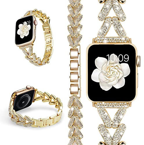 Miimall Strap Compatible with Apple Watch Series 10 9 8 7 6 5 4 3 2 1 SE, Bling Rhinestone Zinc Alloy Band Women Adjustable Replacement Bracelet Strap for iWatch 42mm/41mm/40mm/38mm, Gold