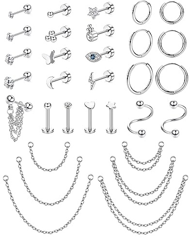 Morfetto 16G Knorpelohrringbolzen für Frauen Männer Edelstahl Knorpelbandohrring Flache Rückseite Ohrstecker Schmetterling CZ Kette Baumeln Knorpel Helix Tragus Piercing Schmuck Silber