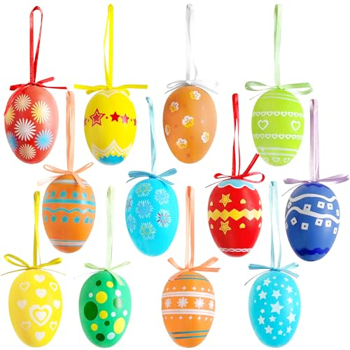 24Pcs Easter Hanging Eggs, Multicolored Plastic Egg Hanging Tree Ornaments, Decorative Hand Painted Eggs DIY Crafts Ornaments with Various Style Stripes Dots Flowers for Easter Decoration