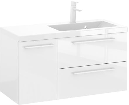 Furni Rosen 90 cm Hängend Waschbecken mit Unterschrank und Eleganten Weißen Griffen Waschbeckenunterschrank Badezimmer Waschtisch mit Unterschrank Waschtischunterschrank