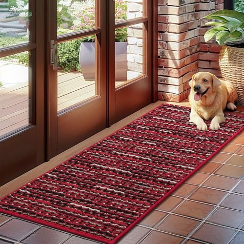 Biscpro Dirt Trapper Door Mats Indoor, Non-slip Barrier Mats for Indoor Outdoor, Super Absorbent Entrance Large Rug Machine Washable Soft Floor Carpet for Front Back door, Red, 50 x 120 cm