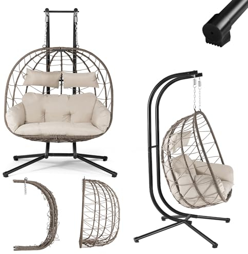 Juskys Doppelhängesessel Aria - Polyrattan Hängesessel mit Gestell & Kissen - Schaukel für Zwei Personen - Outdoor Indoor Sessel - XXL Korb Beige