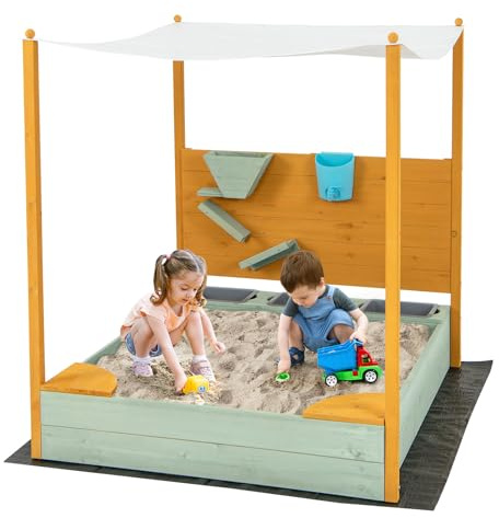 Costzon Kids Sandbox with Sand Wall, Wooden Sandpit w/Removable Canopy, Water Bucket, Storage Bins, 2 Corner Seats & Bottom Liner, Outdoor Sand Box for Kids Aged 3-8 (Backyard, Garden & Beach)