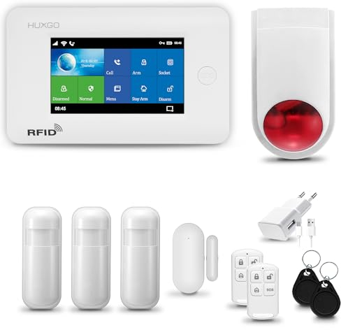 HUXGO® HXA006 Sistema di allarme casa senza fili con radio Sirena esterna WiFi + GSM | Impianto allarme casa kit con 1x sensori di allarme per finestre/portes, 3x rilevatori di movimento