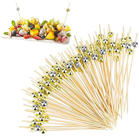 Elepl 300 Stück Cocktailspieße Spieße Fingerfood Spiesschen für Häppchen 12CM mit Gold/Silber Holzperlen Zahnstocher Hochzeit für Cocktail Deko Grillgut Obst-Spieß Candy Antipasti